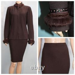 St. John Collection Brown Jacket Skirt L Sz 10 8 2pc Suit Buttons Studs Fur Trim