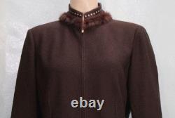 St. John Collection Brown Jacket Skirt L Sz 10 8 2pc Suit Buttons Studs Fur Trim
