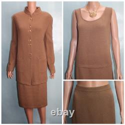 St John Collection Brown Jacket Skirt Top XL Size 14 16 3pc Suit Buttons Pockets