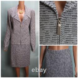 St. John Collection Knit Blue Black Jacket Skirt L Size 14 12 Zipper Collared