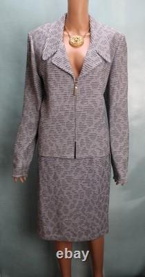 St. John Collection Knit Blue Black Jacket Skirt L Size 14 12 Zipper Collared