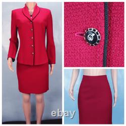 St John Collection Knit Pink Jacket Skirt L Size 10 2pc Suit Buttons Black Trim