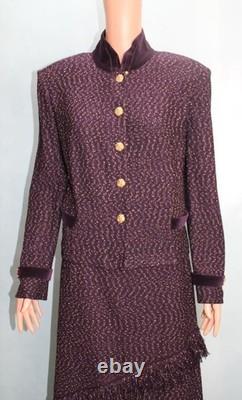 St John Collection Knit Plum Jacket Skirt L Size 14 12 2pc Suit Gold Fringe Trim