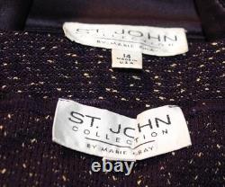 St John Collection Knit Plum Jacket Skirt L Size 14 12 2pc Suit Gold Fringe Trim