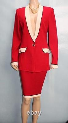 St. John Collection Knit Red Jacket Skirt L Size 12 10 2pc Suit White Black Trim
