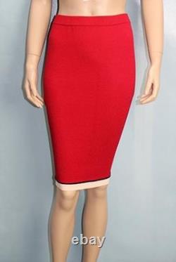 St. John Collection Knit Red Jacket Skirt L Size 12 10 2pc Suit White Black Trim