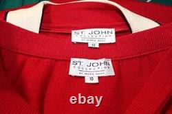 St. John Collection Knit Red Jacket Skirt L Size 12 10 2pc Suit White Black Trim