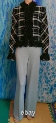St John Collection Knits Black Blue Jacket Pants L 10 12 2pc Suit Fringes Zipper