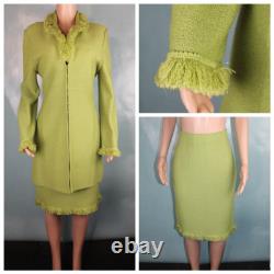 St John Collection Knits Green Jacket Skirt L 10 12 2pc Suit Fringe Trim Shimmer