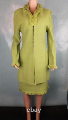 St John Collection Knits Green Jacket Skirt L 10 12 2pc Suit Fringe Trim Shimmer