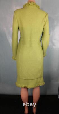 St John Collection Knits Green Jacket Skirt L 10 12 2pc Suit Fringe Trim Shimmer