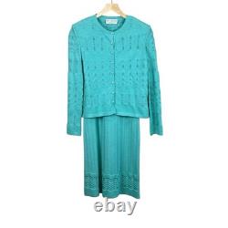 St John Collection Marie Gray 2Pc Dress Suit Set Green Santana Wool Crochet Sz 4