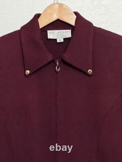 St John Collection Marie Gray Sz 12 Jacket Skirt Set Burgandy Red Gold Accents