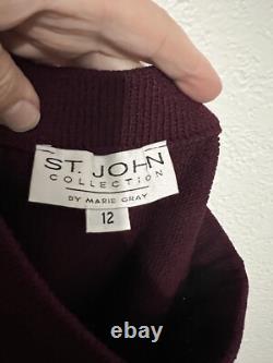 St John Collection Marie Gray Sz 12 Jacket Skirt Set Burgandy Red Gold Accents