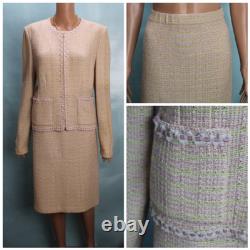 St. John Collection Pink Green Jacket Skirt L Size 12 14 2pc Suit Trim Pockets