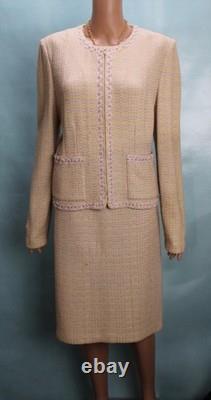 St. John Collection Pink Green Jacket Skirt L Size 12 14 2pc Suit Trim Pockets