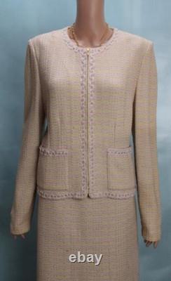 St. John Collection Pink Green Jacket Skirt L Size 12 14 2pc Suit Trim Pockets