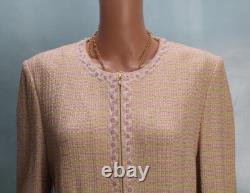 St. John Collection Pink Green Jacket Skirt L Size 12 14 2pc Suit Trim Pockets