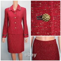 St. John Collection Red Jacket Skirt M Size 8 10 2pc Suit Leather Trim Pockets