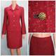 St. John Collection Red Jacket Skirt M Size 8 10 2pc Suit Leather Trim Pockets