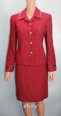 St. John Collection Red Jacket Skirt M Size 8 10 2pc Suit Leather Trim Pockets
