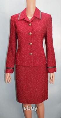 St. John Collection Red Jacket Skirt M Size 8 10 2pc Suit Leather Trim Pockets
