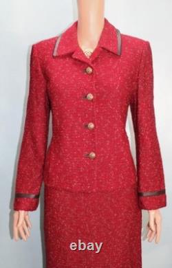 St. John Collection Red Jacket Skirt M Size 8 10 2pc Suit Leather Trim Pockets