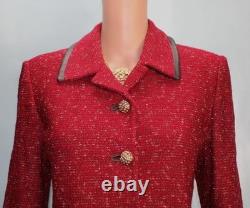 St. John Collection Red Jacket Skirt M Size 8 10 2pc Suit Leather Trim Pockets