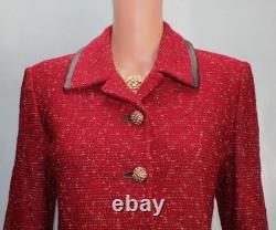 St. John Collection Red Jacket Skirt M Size 8 10 2pc Suit Leather Trim Pockets