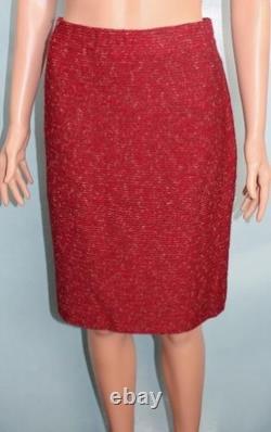 St. John Collection Red Jacket Skirt M Size 8 10 2pc Suit Leather Trim Pockets