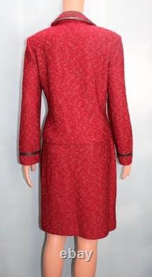 St. John Collection Red Jacket Skirt M Size 8 10 2pc Suit Leather Trim Pockets