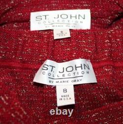 St. John Collection Red Jacket Skirt M Size 8 10 2pc Suit Leather Trim Pockets