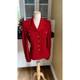 St. John Collection Red Santana Knit Skirt Suit Gold Enamel Button Blazer Set 8