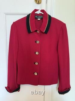 St. John Collection Red Santana Knit Suit 2Pc Skirt Set Gold Chain Trim Sz 4