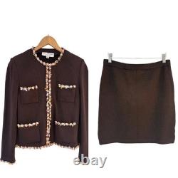 St John Collection Santana Knit 2 Piece Set Jacket Skirt Brown Boucle Trim Sz 6