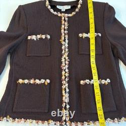 St John Collection Santana Knit 2 Piece Set Jacket Skirt Brown Boucle Trim Sz 6