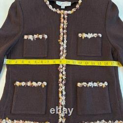 St John Collection Santana Knit 2 Piece Set Jacket Skirt Brown Boucle Trim Sz 6