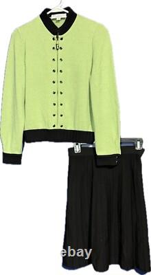 St John Collection Skirt Suit Size 2 Sage Black 2Pc Knit Jacket & Pleated Skirt
