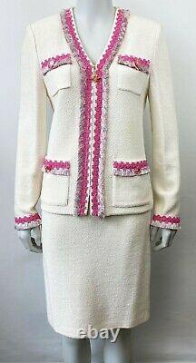 St John Collection Tweed Two Piece Suit Bright White Cream Pink Fringe Trim Set