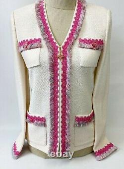 St John Collection Tweed Two Piece Suit Bright White Cream Pink Fringe Trim Set
