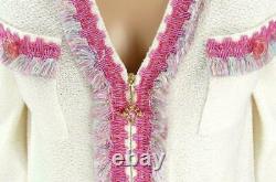 St John Collection Tweed Two Piece Suit Bright White Cream Pink Fringe Trim Set