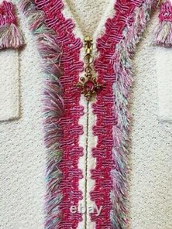 St John Collection Tweed Two Piece Suit Bright White Cream Pink Fringe Trim Set