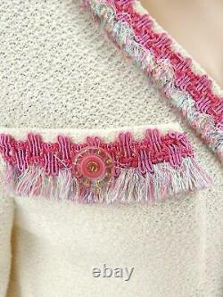 St John Collection Tweed Two Piece Suit Bright White Cream Pink Fringe Trim Set