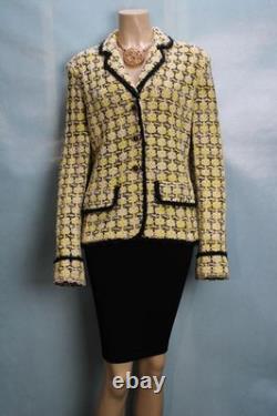 St. John Collection Yellow Jacket Skirt L Size 10 12 2pc Suit Black Trim Buttons