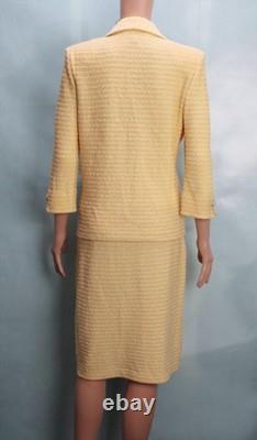 St John Collection Yellow White Jacket Skirt Suit M L Size 8 10 Buttons Pocketes