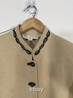 St. John Santana Knit Skirt Suit Set Size 6 Beige Logo Buttons Luxury Old Money