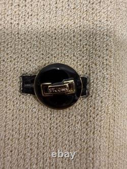 St. John Santana Knit Skirt Suit Set Size 6 Beige Logo Buttons Luxury Old Money