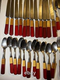 Stainless Flatware Art Deco Two Color Red Bakelite 41 pc set No Crack
