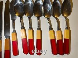 Stainless Flatware Art Deco Two Color Red Bakelite 41 pc set No Crack
