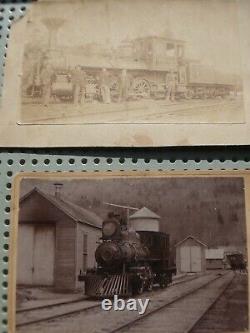 TWO 19th C. Photograph Bristol, VT RR YARD STEAM LOCOMOTIVES Sign John Kilbourn